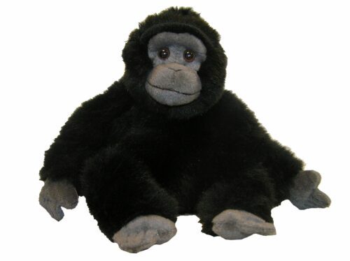 Sittande gosedjursgorilla med svart päls, grått ansikte och stora bruna ögon.