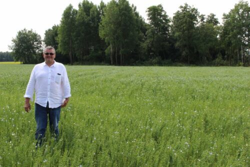 Krzysztof Kowalski i vit linneskjorta och solglasögon står i ett grönt fält täckt av små blommor.