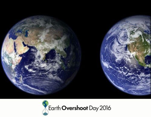 Två jordklot sida vid sida, en asiatisk och en amerikansk vy; text längst ner: "Earth Overshoot Day 2016".