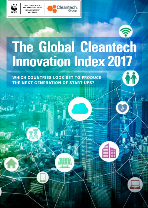 Omslag till rapport: stadsbild med nätverk av cleantech-ikoner och stor titel. Text i bilden: WWF (logotyp) THIS PUBLICATION HAS BEEN PUBLISHED IN PARTNERSHIP BETWEEN Cleantech Group (logotyp) The Global Cleantech Innovation Index 2017 WHICH COUNTRIES LOOK SET TO PRODUCE THE NEXT GENERATION OF START-UPS?