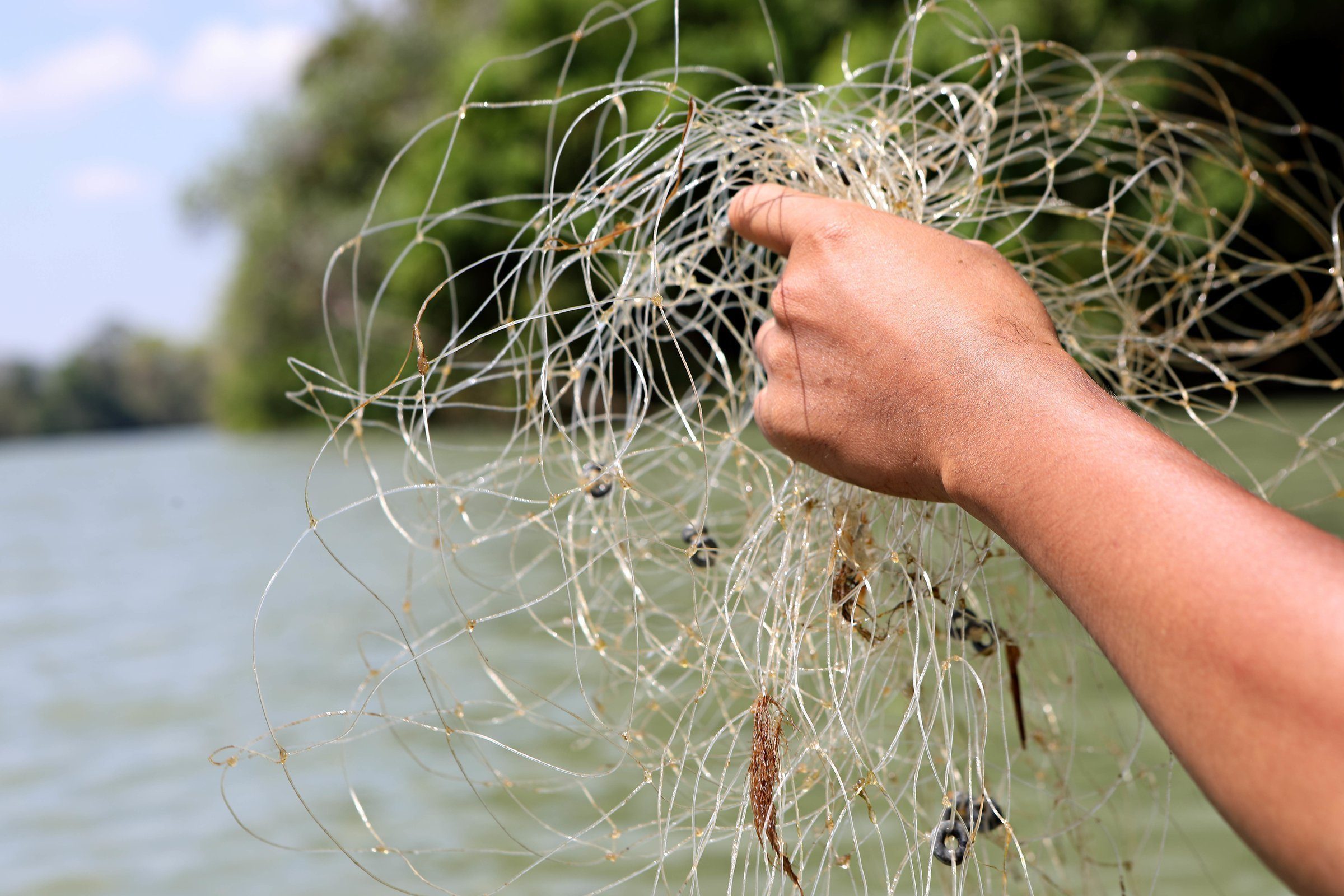 Hand som håller upp fiskenät.