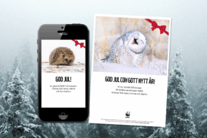 WWFs digitala gåvokort visas på papper och i mobiltelefon. Motivet på mobiltelefonen är är en igelkott och på pappret en uggla