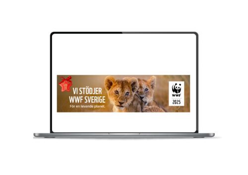 Banner med texten "Vi stödjer WWF SVerige" på en datorskärm.