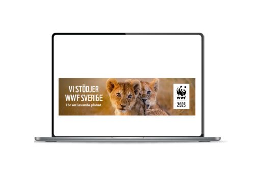 Banner med texten "Vi stödjer WWF SVerige" på en datorskärm.