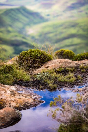 Vattenpöl reflekterar blå himmel omgiven av gräs och stenar med gröna kullar i bakgrunden.