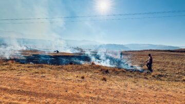 Bränd mark med rök som stiger upp, omgiven av torra gräsfält under en klarblå himmel och starkt solsken.