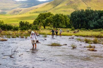 Vandrare korsar en grund flod omgivna av grönskande kullar och träd.