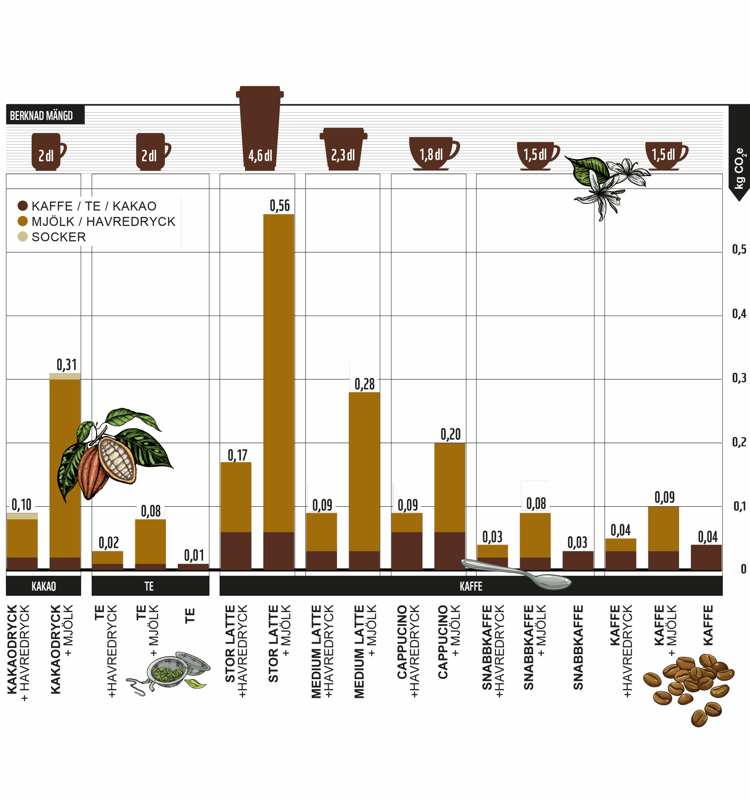 Diagram som visar klimatpåverkan (kg CO₂e) från olika varma drycker: kakao, te och kaffe, med olika tillbehör som mjölk, havredryck och socker. Staplarna är färgkodade: brun för kaffe/te/kakao, gul för mjölk/havredryck och grå för socker. Kakao med havredryck har högst påverkan (0,31 kg), medan stor latte med mjölk är högst totalt (0,56 kg). Vanligt svart kaffe har lägst påverkan (0,04–0,09 kg). Överst visas volymer för drycker (2 dl till 4,6 dl) och illustrationer av kakaobönor, teblad och kaffebönor.