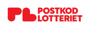 Postkodlotteriets logga i röd text med vit bakgrund.