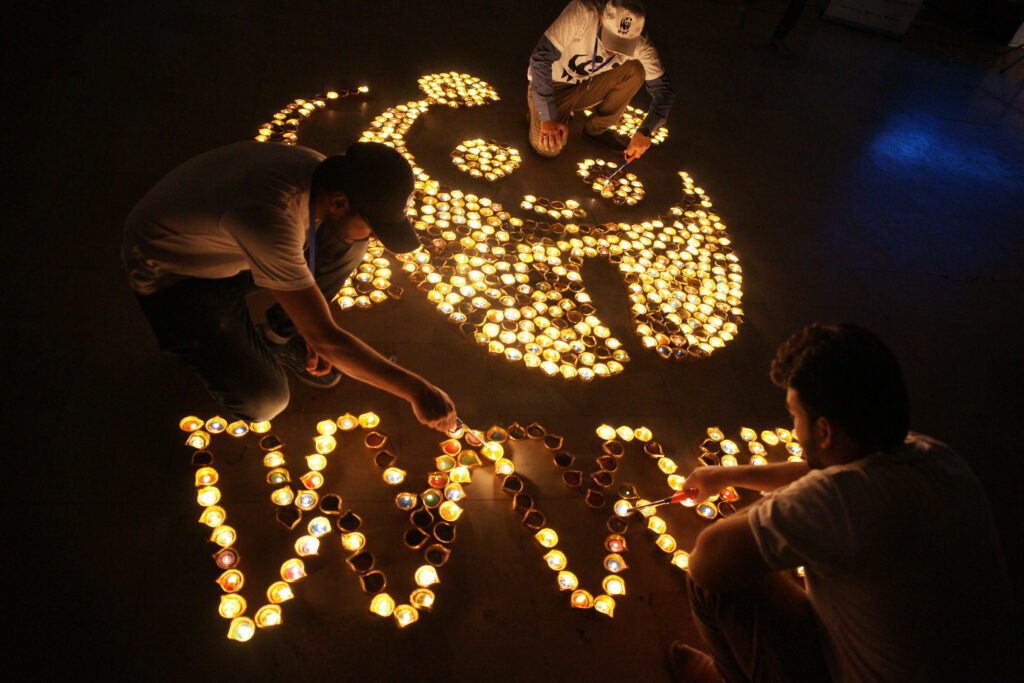 Ljuständning, Earth Hour Pakistan 2019. Ljusen utformar WWF pandan och texten "WWF".