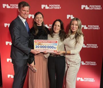 WWF Sveriges generalsekreterare Gustaf Lind, Lina Karanikas, Katarina Edström och WWF-ambassadör Therése Lindgren poserar tillsammans på Postkodlotteriets årliga utdelning 2026. De håller upp en check som visar att WWF det här året har fått ta emot 20 miljoner kronor.